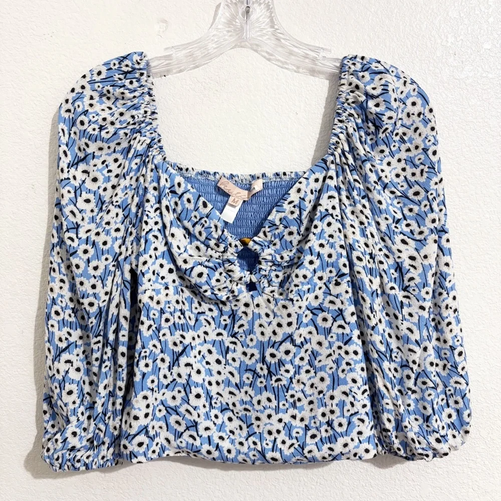Anthropologie Hutch Cut-Out Puff Sleeve Blouse in Blue & White Floral‎